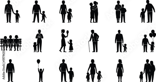 Black silhouettes of adults and children in various poses and activities family