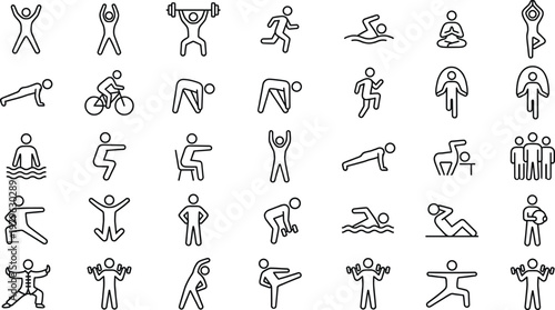 Fitness and workout outline icon set featuring exercise activities gym training yoga running swimming and healthy lifestyle symbols collection