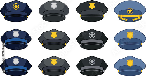 Set of police officer hats with badges in flat vector style, collection of law enforcement caps in different colors isolated on light background
