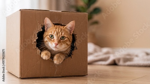 Curious cat peeking out of cardboard box.