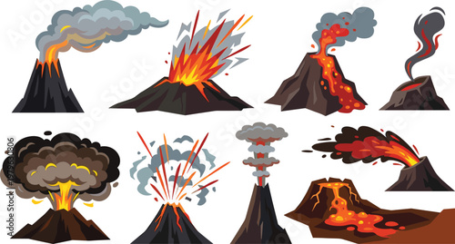 Set of volcano eruptions with lava bursts, smoke clouds and explosive activity in flat vector style, natural disaster and geology illustration collection