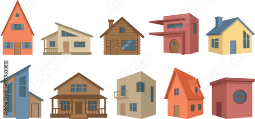 Set of unique house illustrations in flat vector style with modern and rustic homes, residential architecture collection isolated on light background