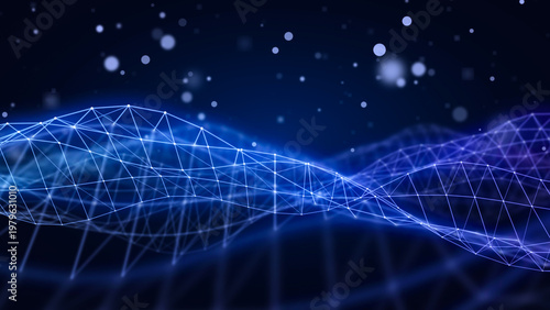 Futuristic data science presentation template. Glowing blue and teal wireframe grid forming a fluid digital wave. Abstract dark background with floating bokeh particles.