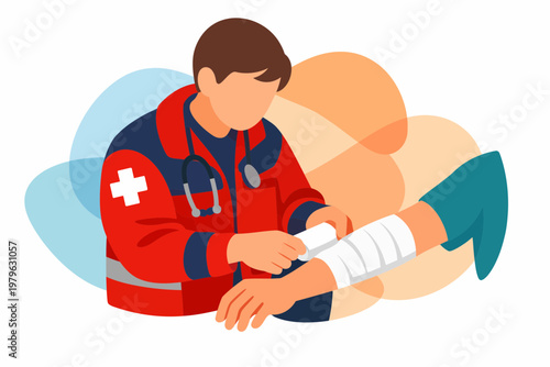 Paramedic providing first aid and bandaging injured arm