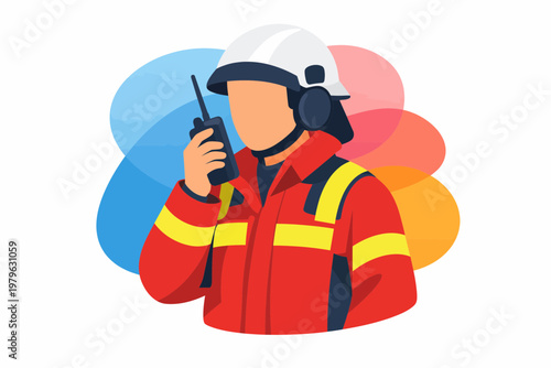 Firefighter in Red Uniform Using Walkie-Talkie Communication