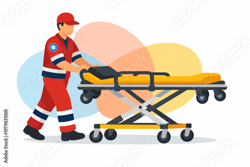 Paramedic pushing empty medical stretcher vector illustration