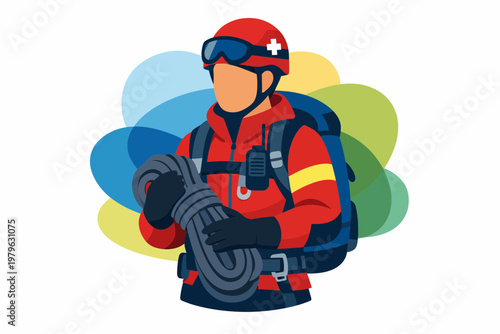 First Responder with Climbing Rope and Emergency Rescue Gear