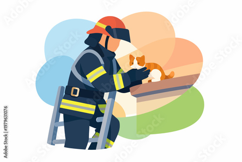 Brave Firefighter Rescuing a Ginger Cat from a Roof Ledge