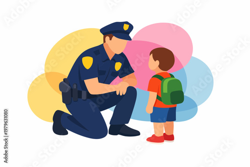 Friendly Police Officer Talking to a Schoolboy with Backpack