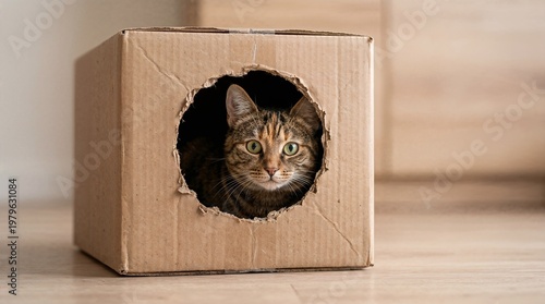 A curious cat peeking out of a cardboard box.