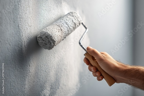 Human Hand Holding Paint Roller on Light Blue Wall, Wall Painting Concept