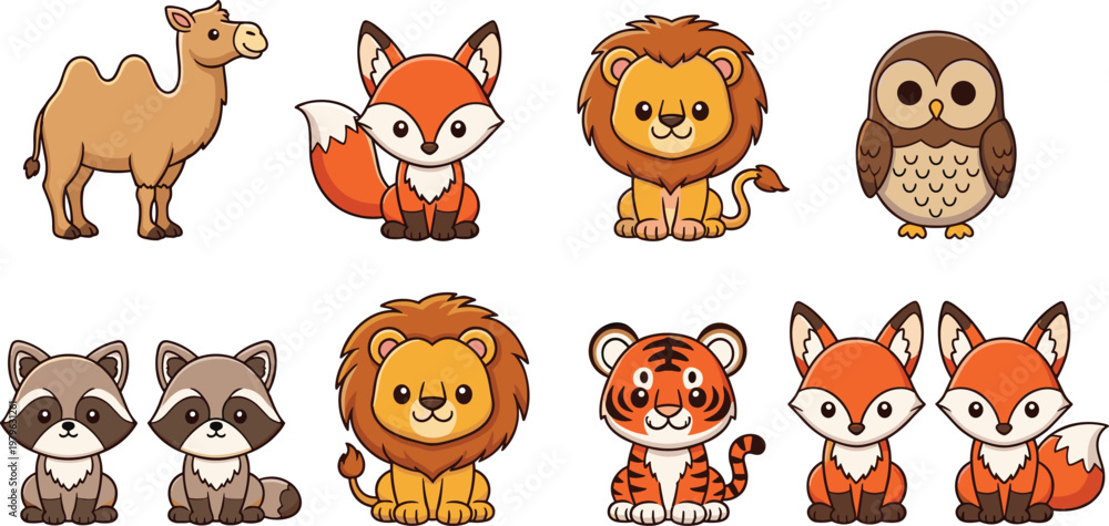 Obraz premium Set of cute cartoon animals including lion, fox, tiger, owl and raccoon, adorable wildlife character collection isolated vector illustration for kids design