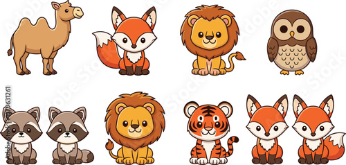 Set of cute cartoon animals including lion, fox, tiger, owl and raccoon, adorable wildlife character collection isolated vector illustration for kids design