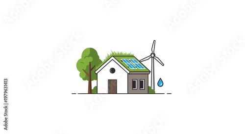 Sustainable living concept with an eco-friendly house powered by green energy sources.