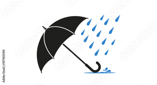 Black umbrella protecting from blue rain drops illustration.