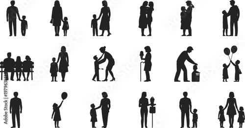 Black silhouettes of people, family parent-child interactions parents