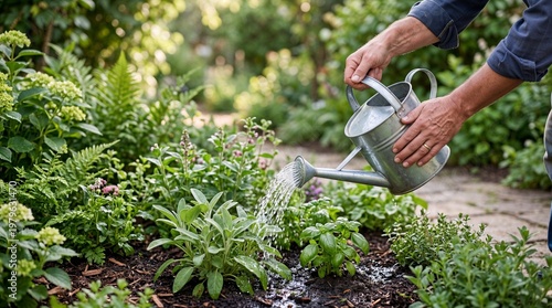 person watering green plants in garden.