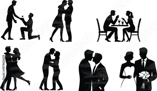 Black silhouettes of romantic couples in various intimate moments, including proposals, kisses, and dates