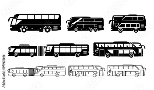 Modern bus icon set with side view silhouettes and outline styles for transport and UI design