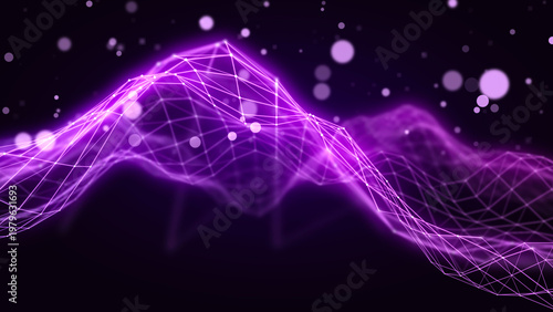 abstract, abstract lines are displayed in a network, creating a dynamic sense. Lines and dots interweave to form a futuristic landscape with purple hues against a dark background.