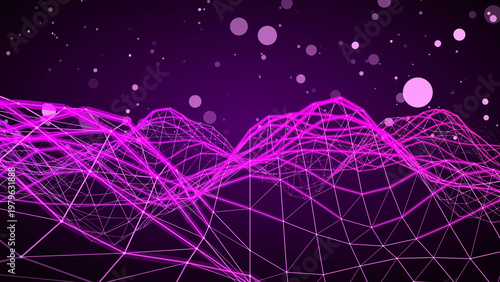 Abstract Terrain, digital image featuring an undulating terrain constructed from glowing, interconnected lines. It evokes a sense of depth, innovation, and technological advancement.