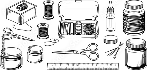 Sewing and crafting supplies depicted in a detailed line style