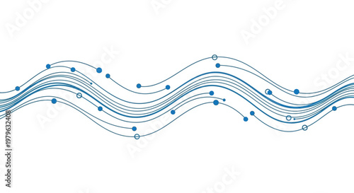 Abstract illustration of flowing lines with circles and dots in shades of blue and white