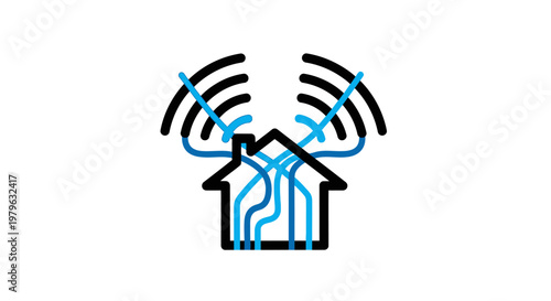Abstract illustration of home connected to a network with wireless signals and data flow