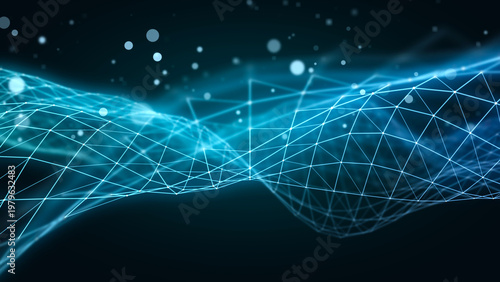 abstract illustration of interconnected digital network, representing technology and innovation. Bright blue lines and dots against a dark background, illustrating a digital wave.