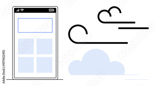 Technology, connectivity, mobile apps, cloud storage, data transfer, communication. Smartphone interface alongside wind and cloud symbols. Connectivity and cloud storage concept
