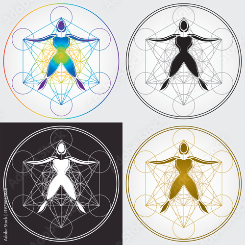 4 Cubes de Métatron et Corps Humain Illustration Couleurs Arc-en-Ciel Spectre Géométrie sacrée Symbole Vecteur Design Cercle Spiritualité Univers Mandala Étoile