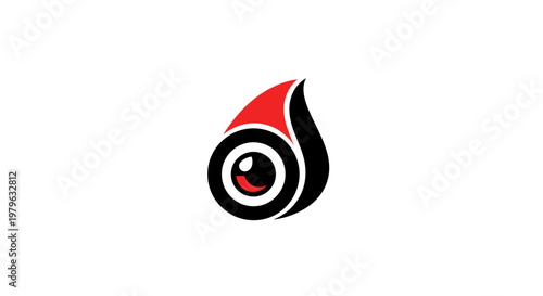 Abstract eye symbol logo design in red and black colors with a unique and modern shape