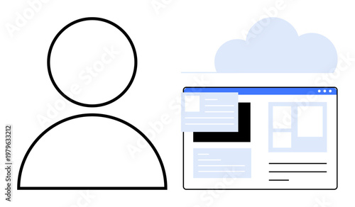 Online identity, cloud data storage, web design, user interface, technology services, profile management. Minimalist ion of a user profile icon, web page and cloud. Online identity and cloud data