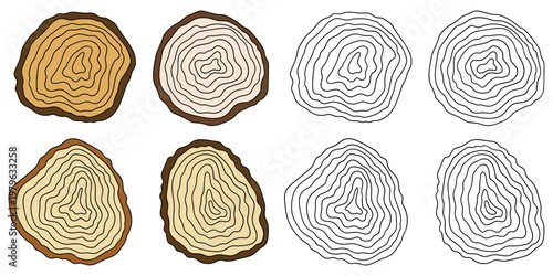 Hand-drawn cartoon and doodle set of tree trunk cross sections on a white background.