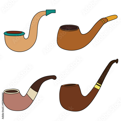 Hand-drawn cartoon set of smoking pipes on a white background.