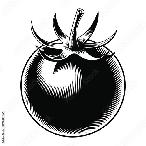 A detailed black and white engraving of a ripe tomato with a distinctive stem silhouette