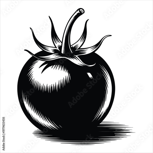 A detailed black and white engraving depicts a ripe tomato with stem presented as a silhouette