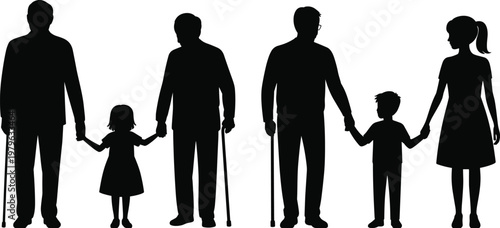 Silhouette of adults and children holding hands in two groups silhouettes family