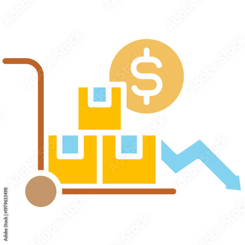 An illustration shows a dolly with boxes and a dollar sign decreasing in value on 29.