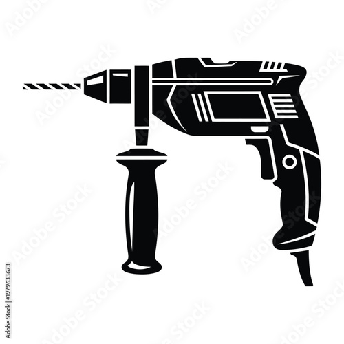 A black silhouette of a power drill showcasing its handle chuck and cord silhouette