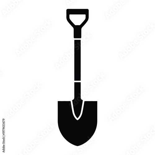 A stark black depiction of a garden shovel its form sharply defined as a silhouette