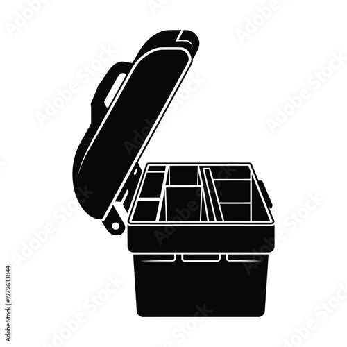 An open tackle box featuring compartments and a carrying handle presented in black silhouette