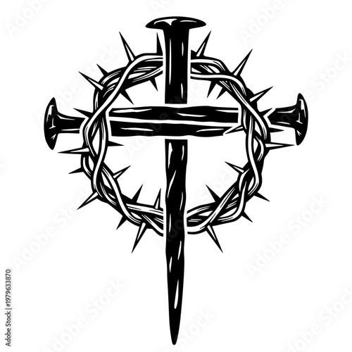 Sacred Crown Of Thorns On The Christian Cross With Three Nails, Religious Symbol Of Jesus Christ Passion And Crucifixion For Good Friday
