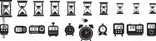 Time and Measurement Icons Set with Hourglass, Clock and Meters