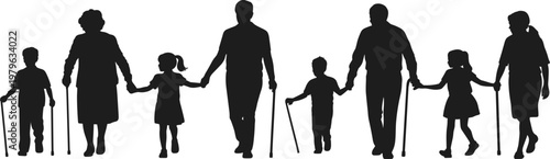 Silhouettes of adults and children walking, holding hands and canes family