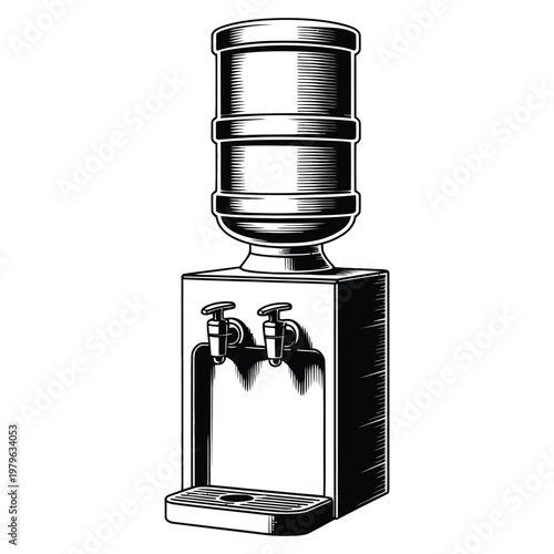 A vintage water cooler design is prominently displayed in a detailed black and white silhouette