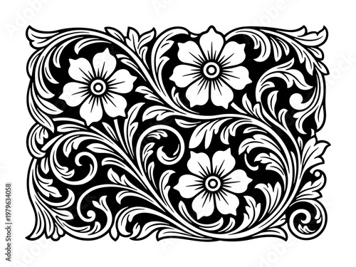 Traditional Tooled Leather Floral Pattern Design, Intricate Western Style Flowers And Swirls For Carving And Embossing Background Textures