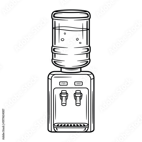 A black and white line drawing depicts a water cooler with two spigots a distinct silhouette