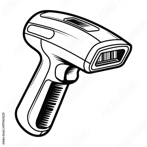 A detailed black and white illustration of a handheld barcode scanner a modern technology silhouette
