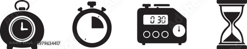 Minimalist Time and Alarm Clock Icons with Hourglass and Timer